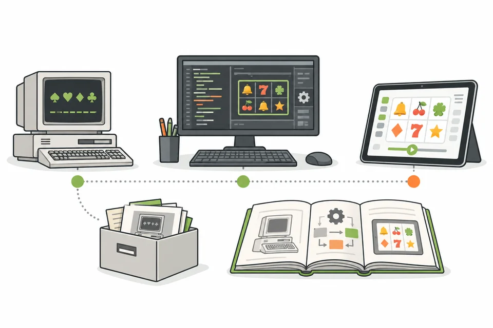 Illustrated timeline of casino software development from desktop computers to mobile devices