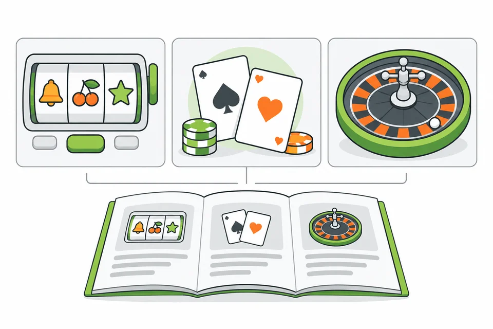 Illustrated catalogue of slots, card games and roulette software