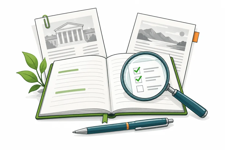 Research notebook and primary-source documents examined with a magnifying glass