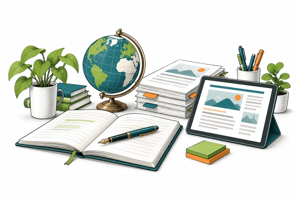 Editorial notebook, globe and tablet illustrating the CND newsroom