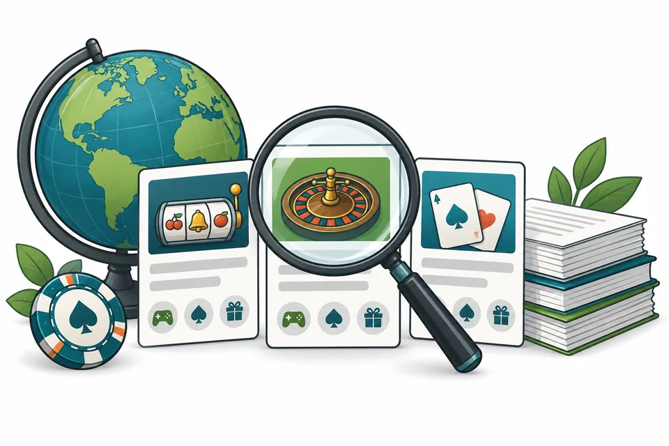 Casino comparison cards, reference documents and magnifying glass
