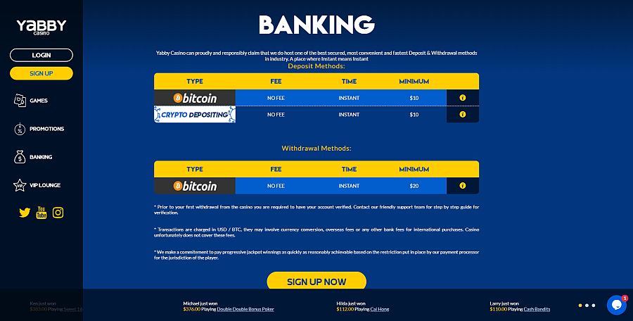 Yabby Casino banking methods interface showing various deposit options