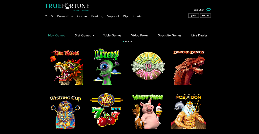 True Fortune Casino games lobby interface showing slots and table games