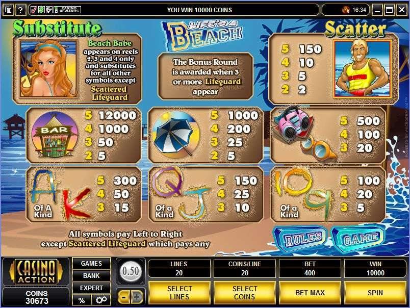 Original Life's a Beach paytable showing line symbols, lifeguard scatter awards and the wild substitution rule