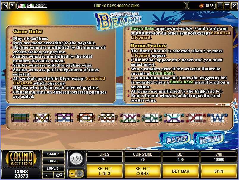 Life's a Beach original rules explaining line and scatter multipliers and four umbrella selections