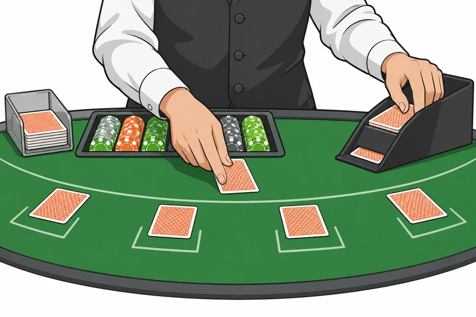 Dealer handling cards beside a dealing shoe and chip tray