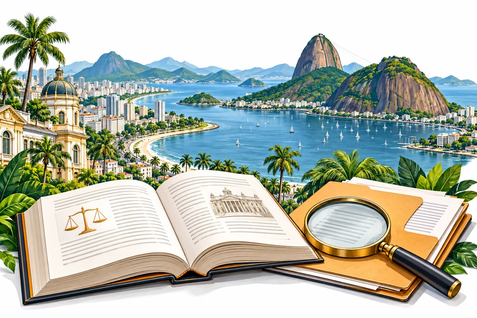 Illustrated Brazil landmarks with reference books and documents for the overview section