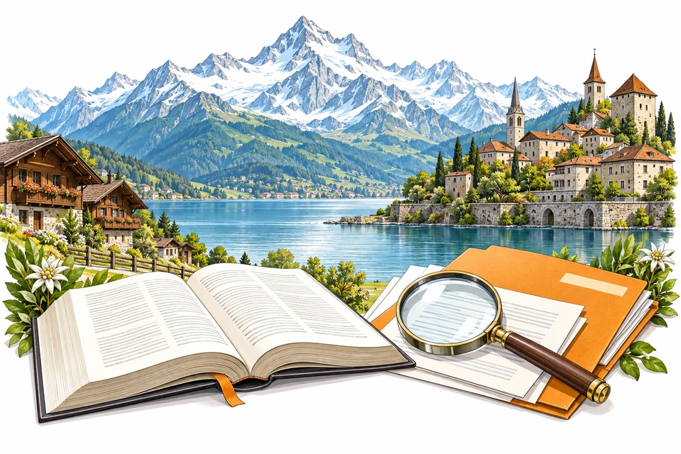 Illustrated Switzerland landmarks with reference books and documents for the relevant legislation section