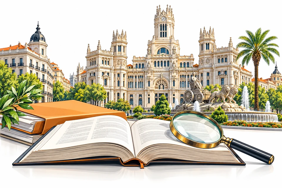 Illustrated Spain landmarks with reference books and documents for the relevant legislation section