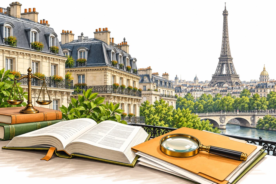 Illustrated France landmarks with reference books and documents for the online gambling section