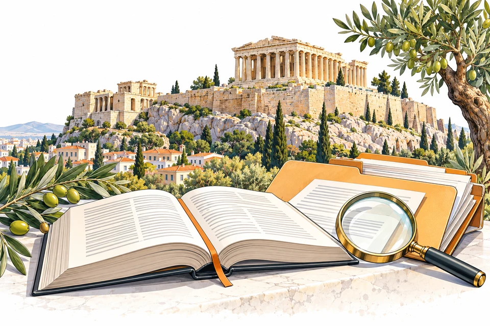 Illustrated Greece landmarks with reference books and documents for the relevant legislation section