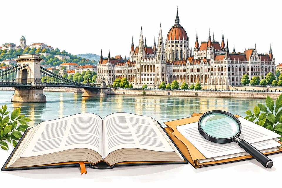 Illustrated Hungary landmarks with reference books and documents for the overview section