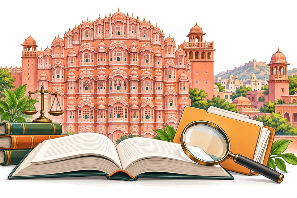 Illustrated India landmarks with reference books and documents for the overview section
