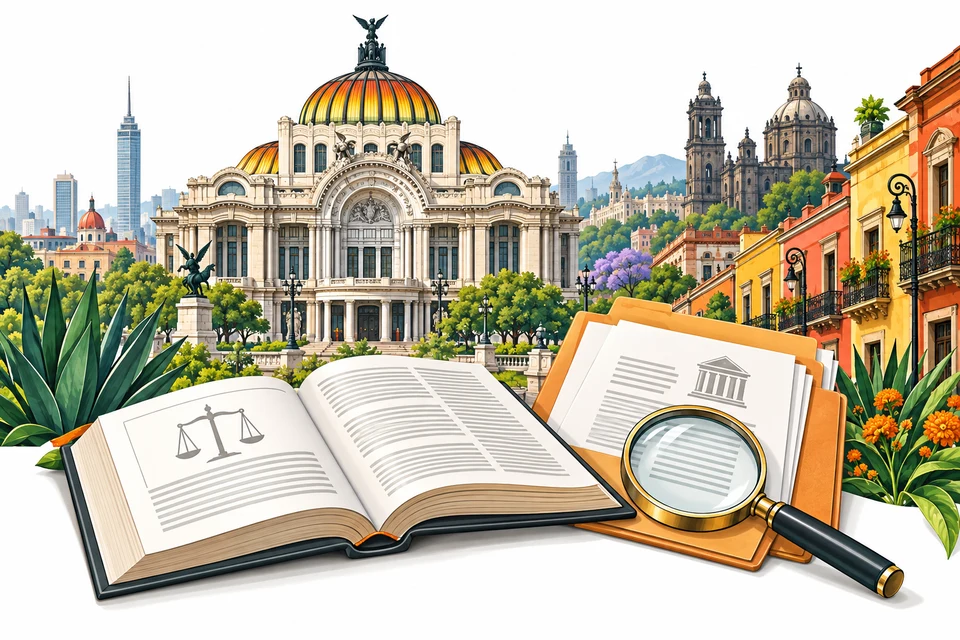 Illustrated Mexico landmarks with reference books and documents for the overview section