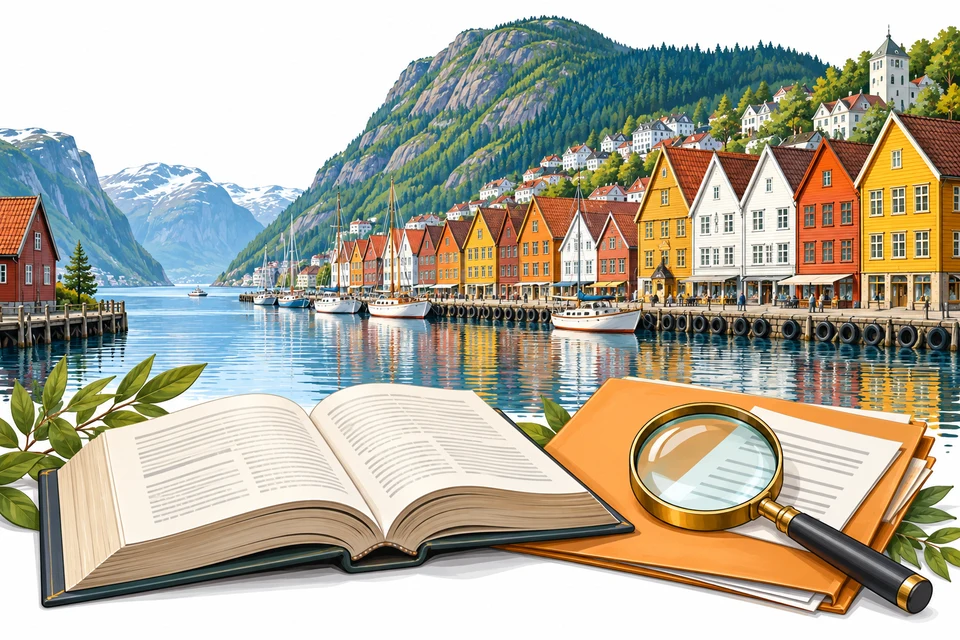 Illustrated Norway landmarks with reference books and documents for the overview section