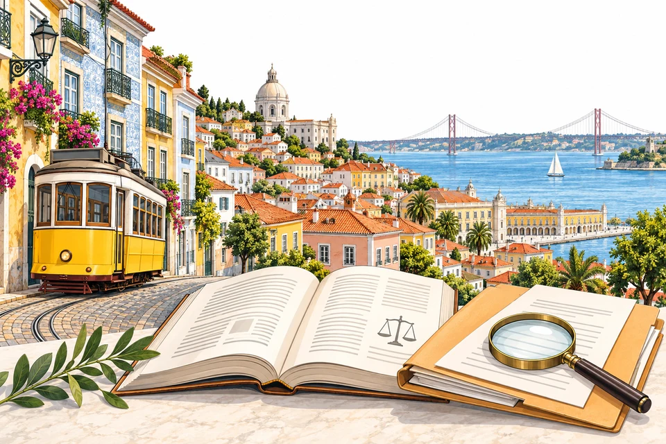 Illustrated Portugal landmarks with reference books and documents for the overview section