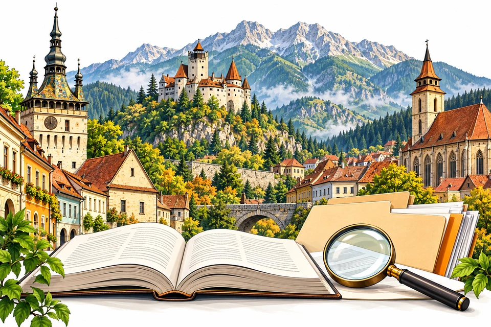 Illustrated Romania landmarks with reference books and documents for the overview section