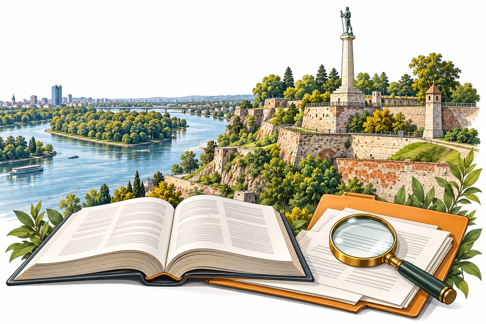 Illustrated Serbia landmarks with reference books and documents for the online gambling section