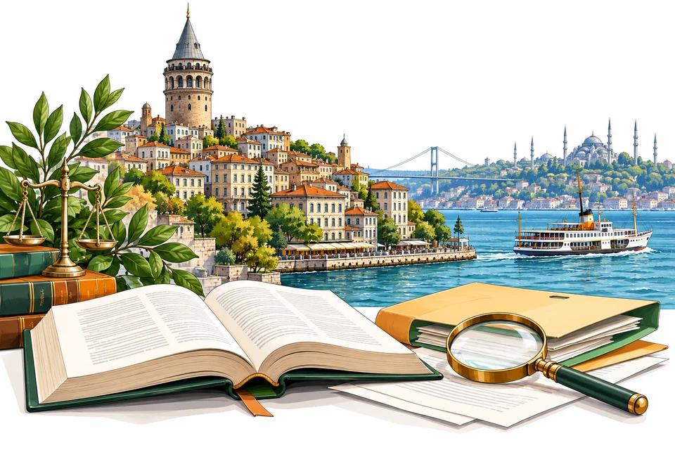 Illustrated Turkey (Türkiye) landmarks with reference books and documents for the online gambling section