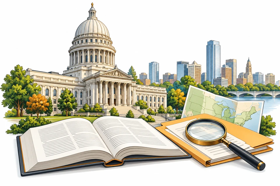 Illustrated US landmarks with reference books and documents for the overview section