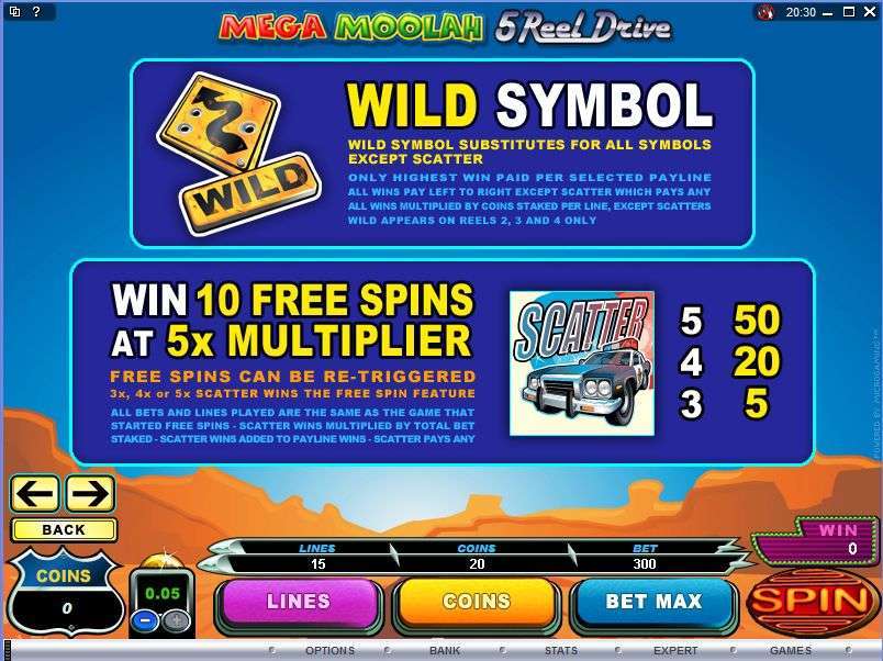 Wild substitution rules and ten free spins at a five-times multiplier in Mega Moolah 5 Reel Drive