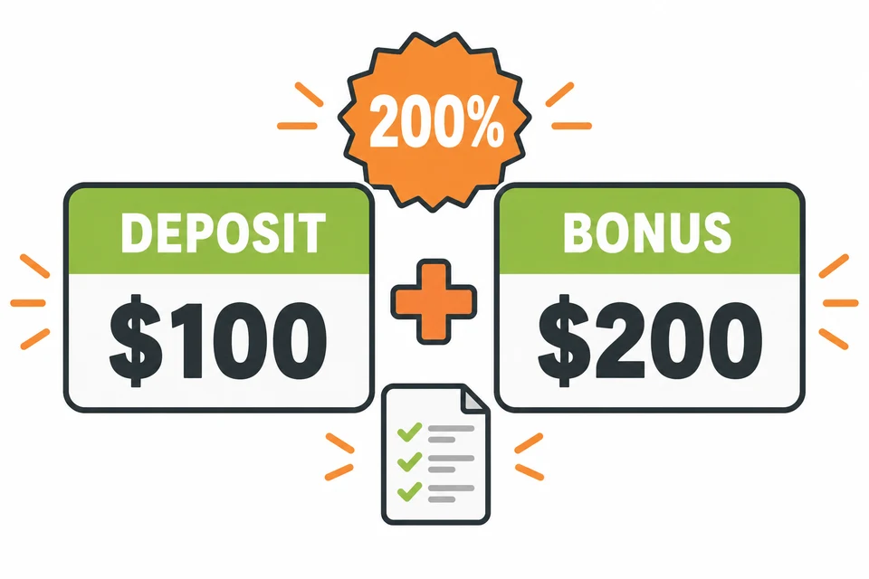 Example of a 200 percent match: 100 dollars deposited plus 200 dollars in bonus funds