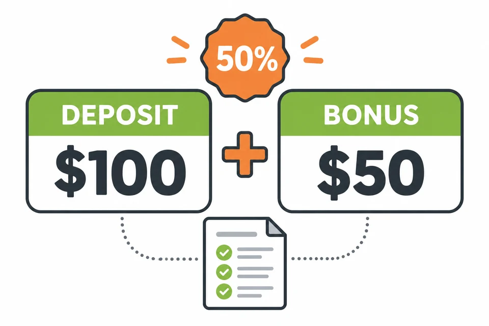 Example of a 50 percent match: 100 dollars deposited plus 50 dollars in bonus funds