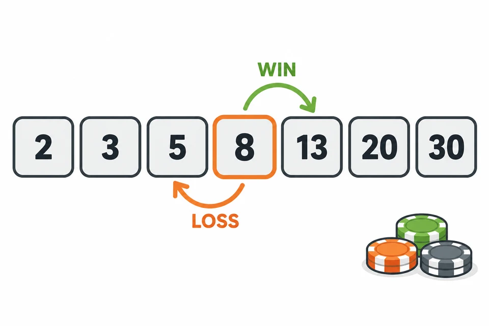 Ascot sequence 2, 3, 5, 8, 13, 20, 30, starting at 8 and moving up after a win or down after a loss