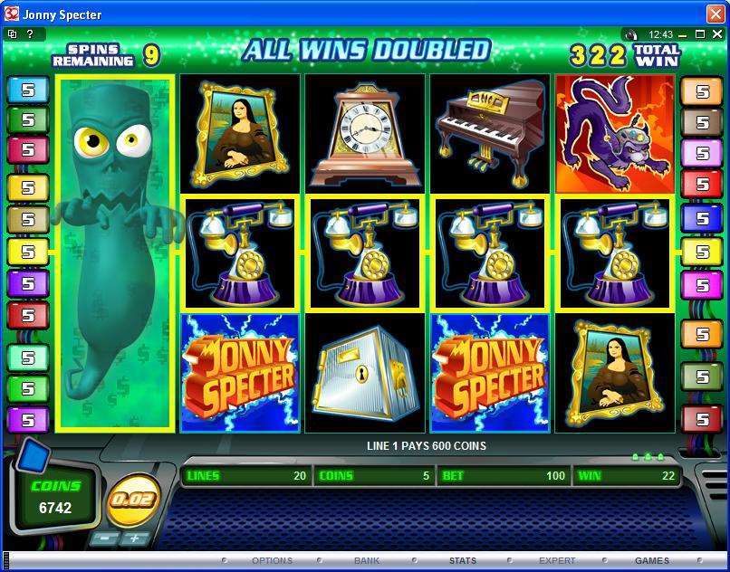 Jonny Specter free-spin screen with a full wild reel and the message Line 1 pays 600 coins