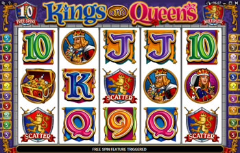 Kings and Queens free-spin screen with ten free spins and three scattered royal crests