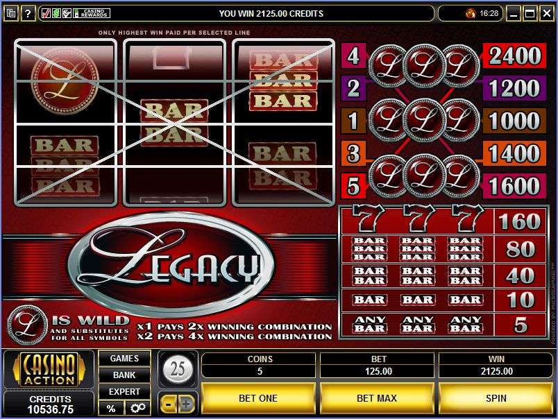 Original Legacy three-reel game with five paylines, logo awards by line number, wild multipliers and a 125-unit bet