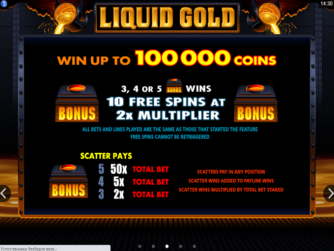Liquid Gold free-spin rules showing ten spins at a 2x multiplier and scatter awards of 2x, 5x and 50x total bet