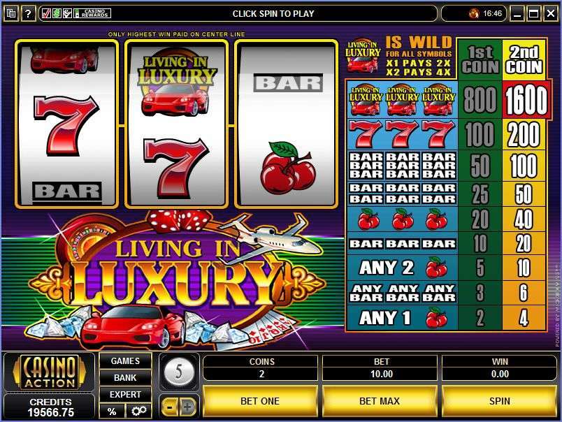 Original Living in Luxury game showing its centre payline, one-coin and two-coin paytable, and wild multiplier rule