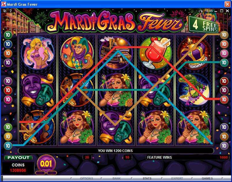 Mardi Gras Fever free-spin result showing a 1200-coin win and a separate feature-wins counter