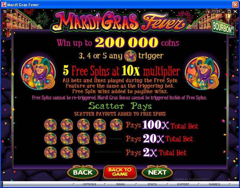 Mardi Gras Fever original rules showing total-bet scatter multipliers and five free spins at ten times
