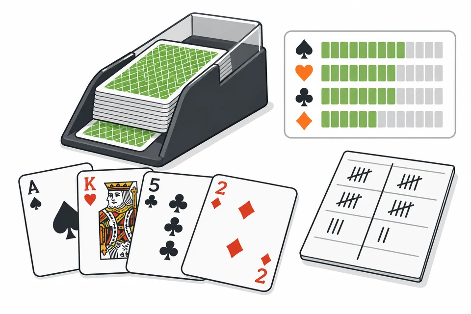 Card shoe and tally sheet illustrating remaining card composition