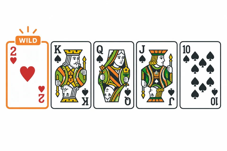 A deuce acting as a wild card alongside four spade cards
