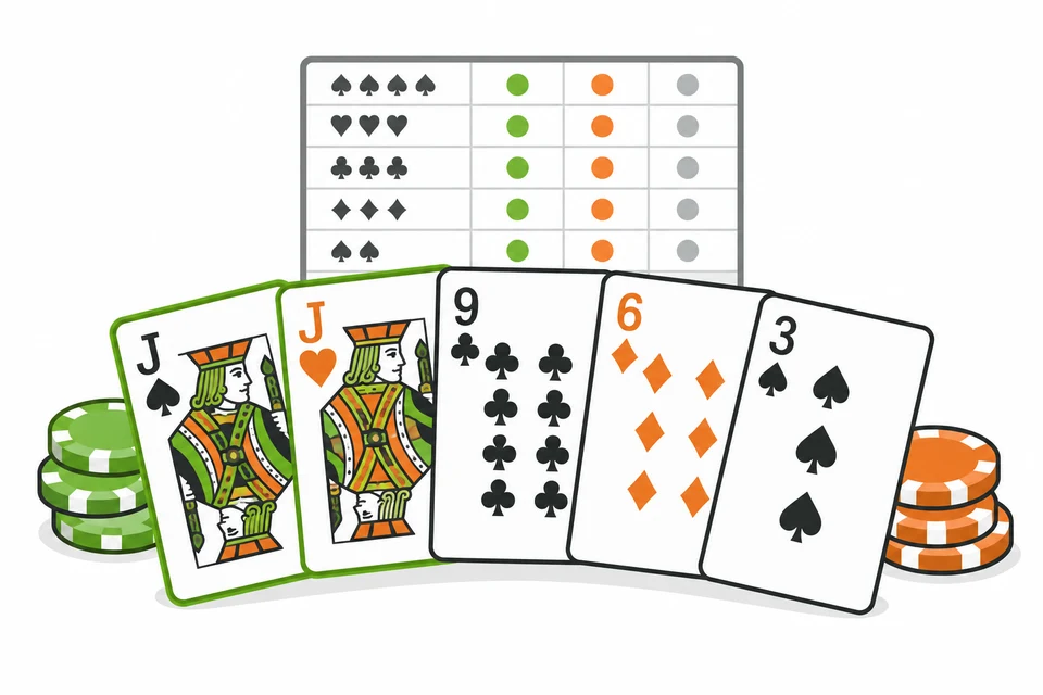 A pair of jacks with three other cards, chips and a frequency table