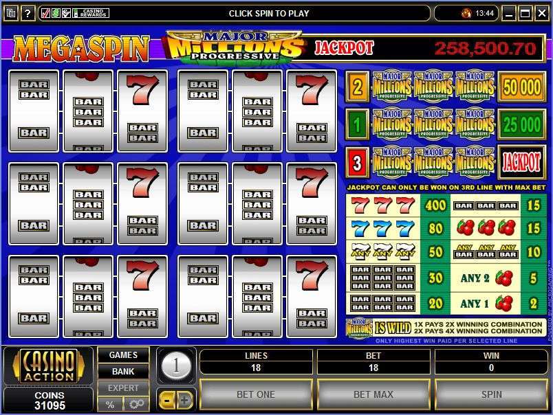 Original MegaSpin Major Millions six-panel game and complete paytable including third-line maximum-bet jackpot condition