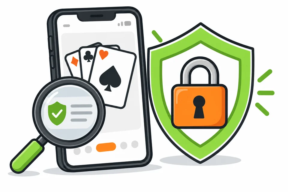 Checking mobile casino app security with a shield and magnifying glass
