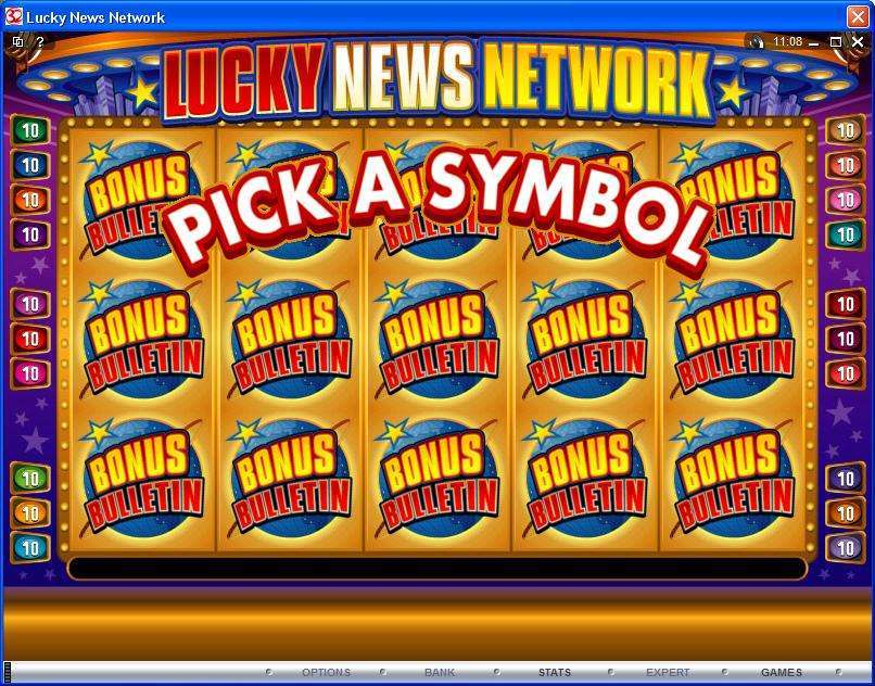 Lucky News Network Bonus Bulletin board with fifteen covered symbols and a Pick a Symbol instruction