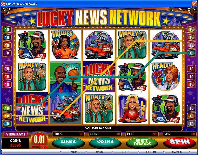 Original Lucky News Network desktop screen showing 20 lines, 10 coins per line, a 200-coin bet and an 80-coin win
