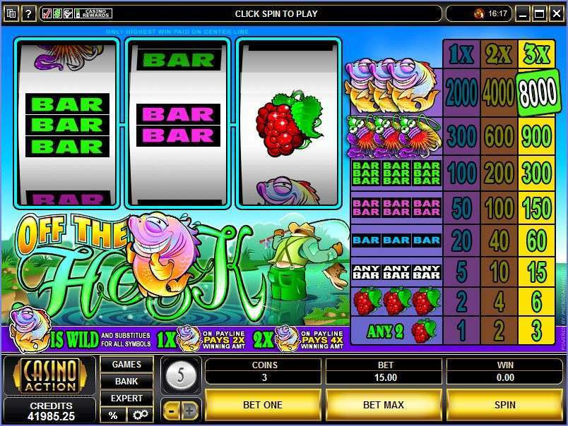 Original Off the Hook reels, three coin-award columns and wild multiplier rules