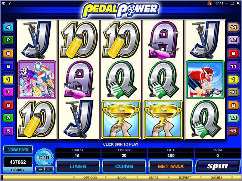 Pedal Power: Reels, 15-line controls and a 300-coin total stake at 20 coins per line.
