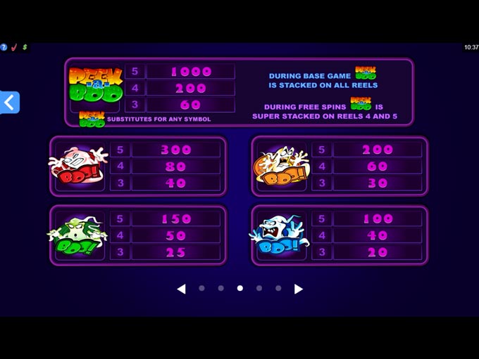Peek-a-Boo five-reel edition: Logo-wild and ghost paytable, with stacked-wild instructions.