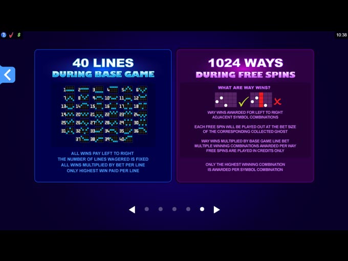 Peek-a-Boo five-reel edition: 40-line base-game rules and separate 1,024-ways free-spin rules.
