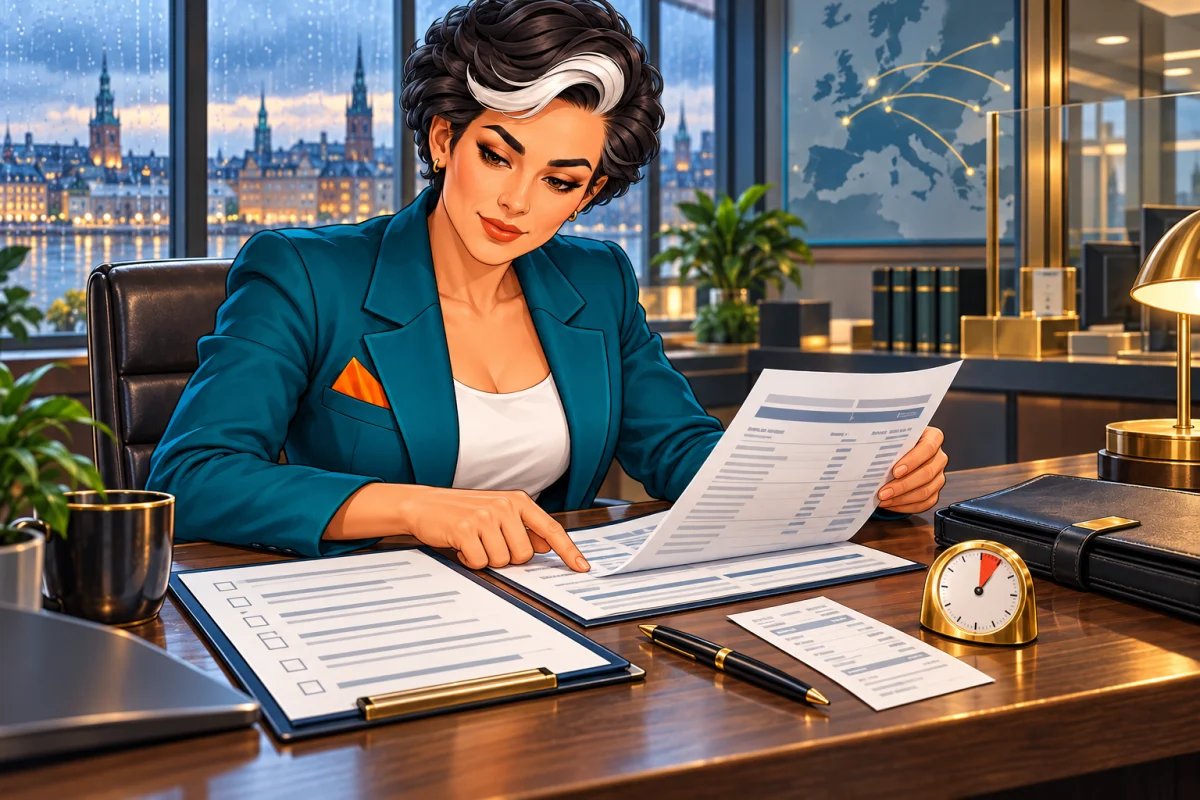 CND correspondent reviewing bank compatibility and international transfer details in a bank office