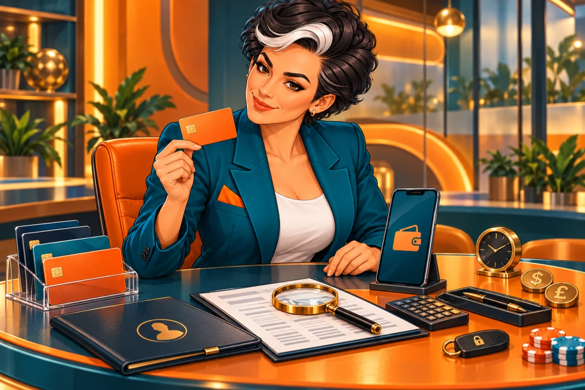 CND correspondent comparing a payment card and digital wallet in an orange studio with identity folder, fee ledger, calculator and security key