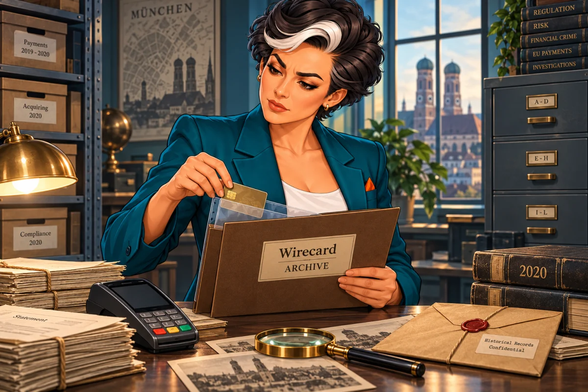 CND correspondent archiving an old payment card with historical Wirecard records in a Munich research office