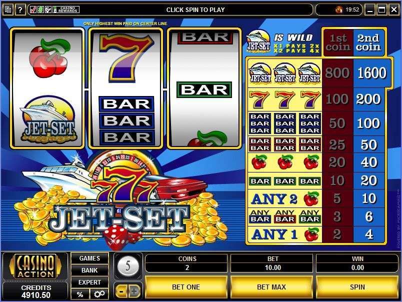 Archived Jet-Set desktop screen showing its one-coin and two-coin paytable, denomination 5, COINS 2 and BET 10.00